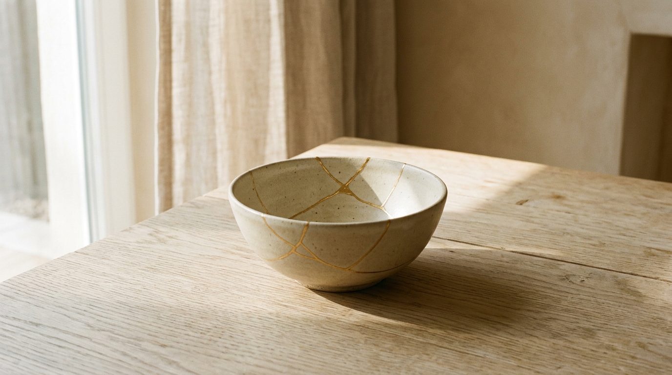 A hand-thrown ceramic bowl, once broken, repaired with fine seams of gold tracing the cracks, standing whole in warm window light