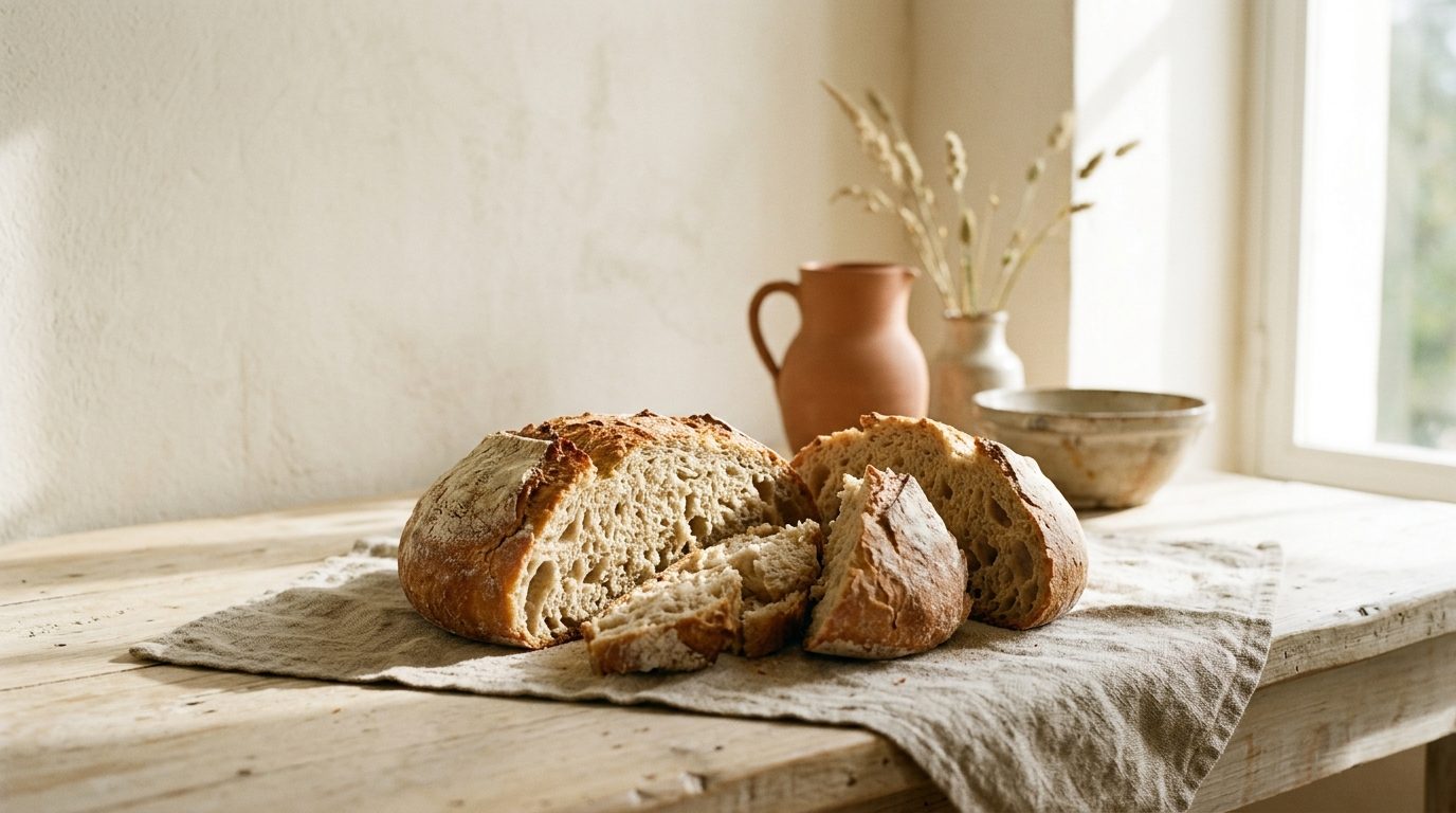 A round loaf of bread on linen, torn into natural pieces along its own seams rather than sliced