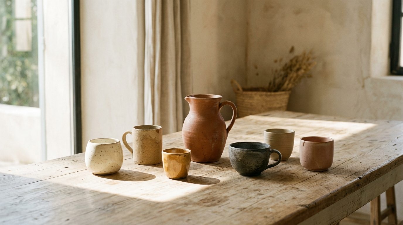 One clay pitcher on a wooden table surrounded by several handmade cups, each visibly different in shape and glaze