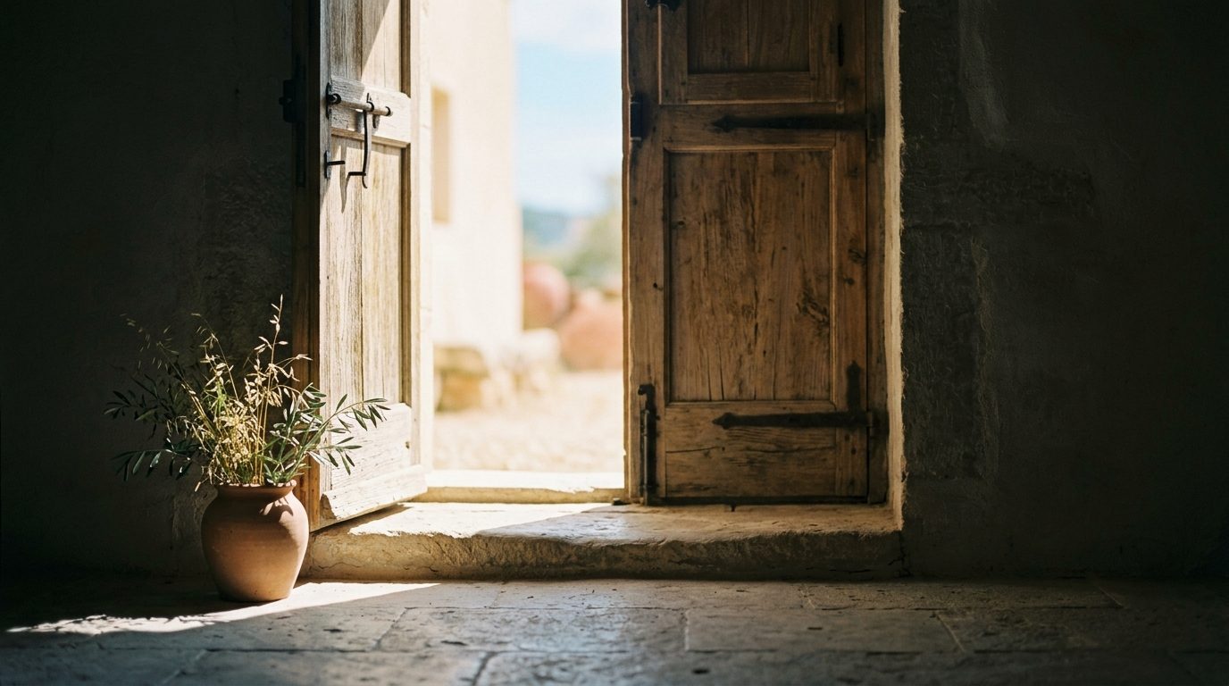 A heavy old wooden door standing open onto bright morning light, seen from a dim stone interior across a worn threshold