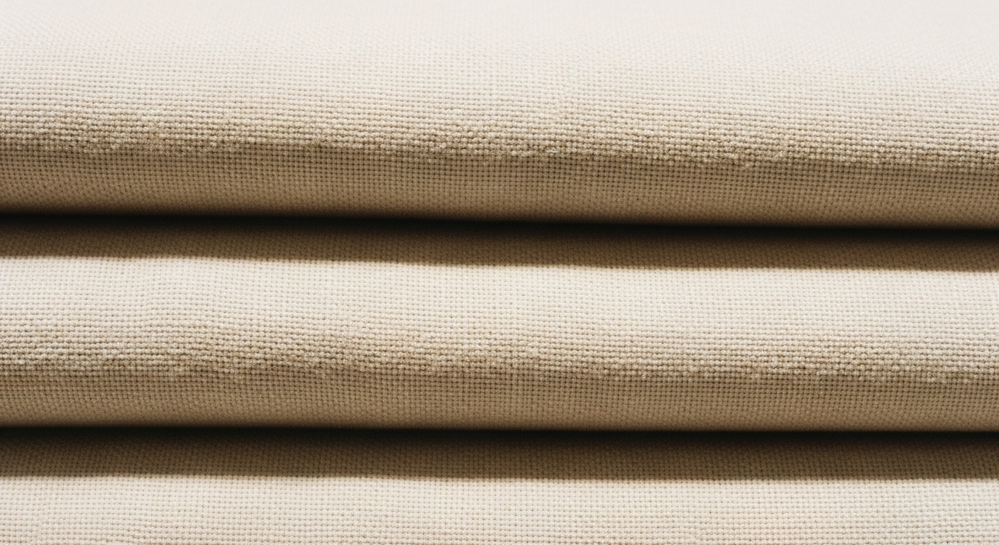 Close-up of pristine folded natural linen cloth with soft light casting gentle shadows in the folds