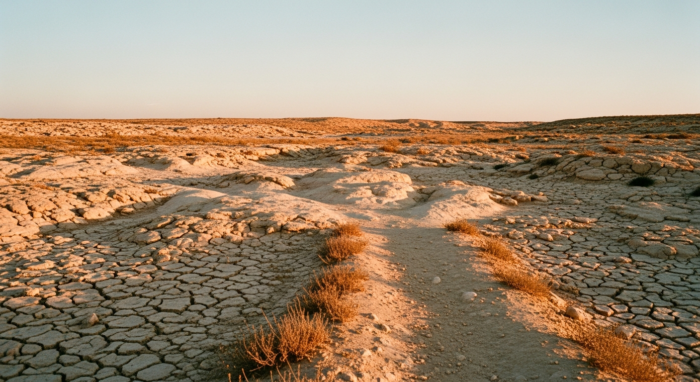 Wide view of cracked dry desert terrain at late afternoon with a faint worn path disappearing into the distance
