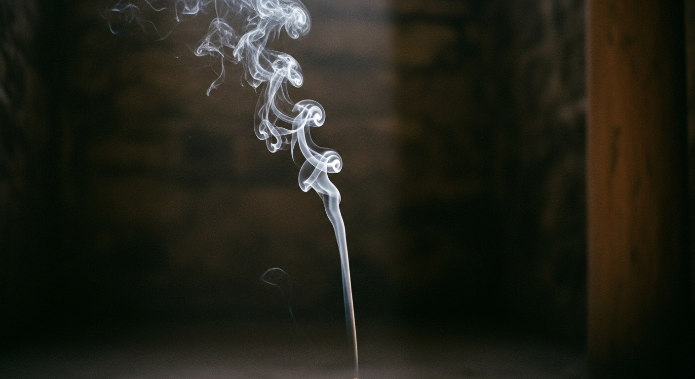 A thin curl of smoke rising through a shaft of warm light in a dark stone interior