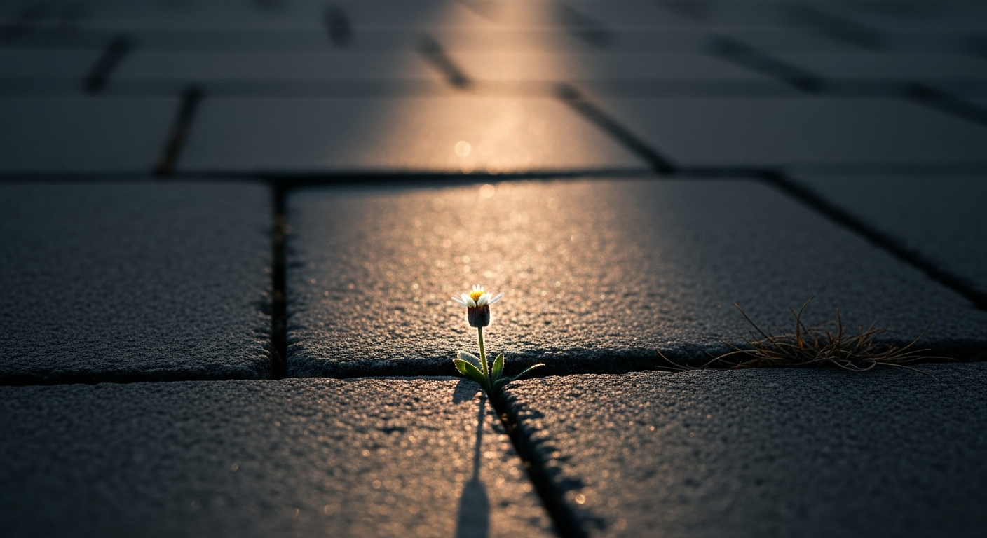 Warm sunlight breaking through dense overcast and striking a single small wildflower growing from a crack in stone