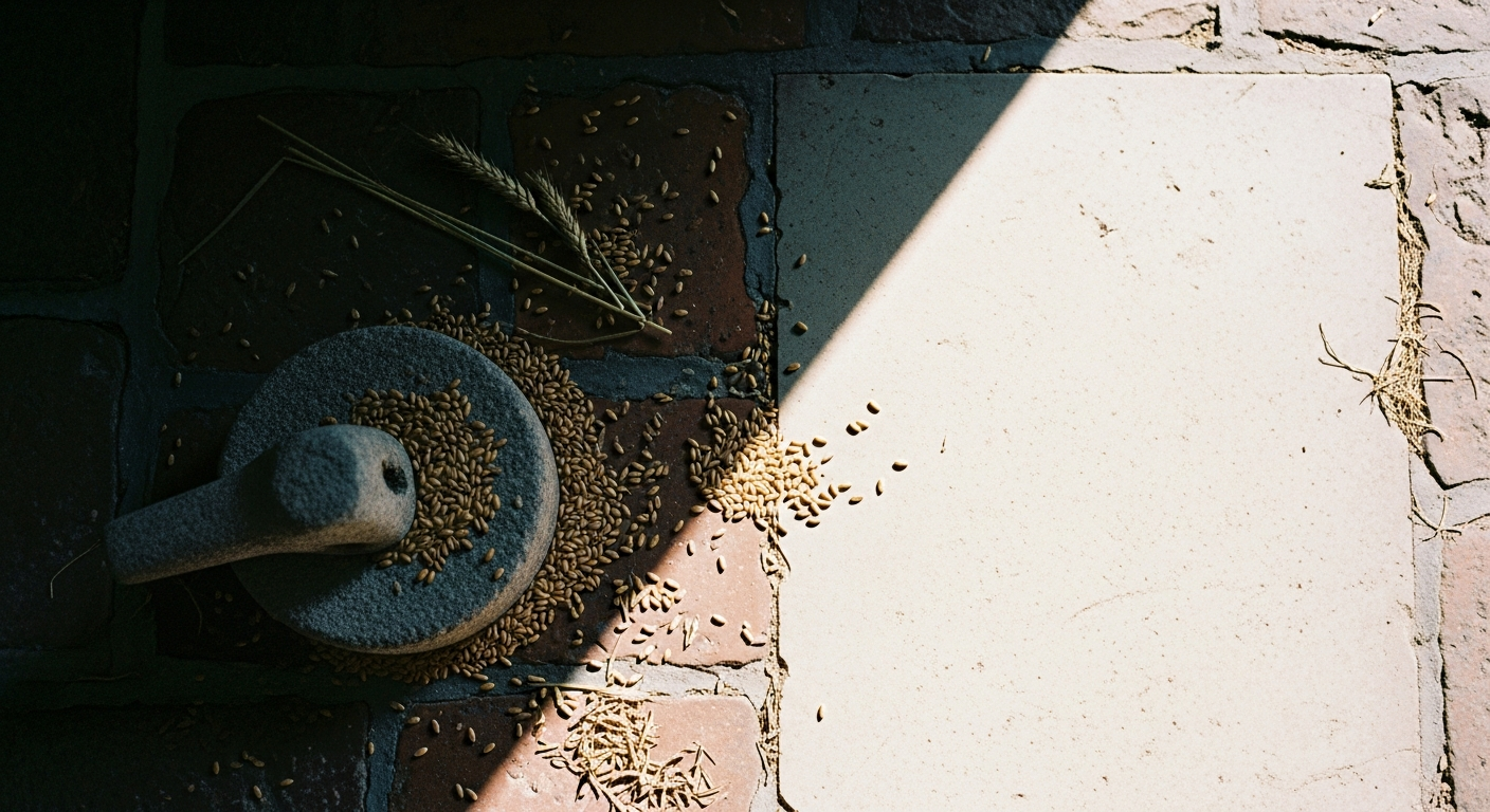 Two spaces on a worn stone floor separated by light: one with scattered grain and a grinding stone, one simply empty in warm light