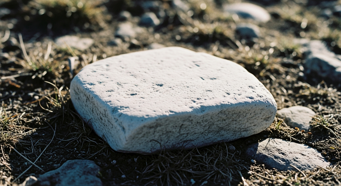 A worn stone tablet half-buried in earth, its surface smooth and blank, morning light across it
