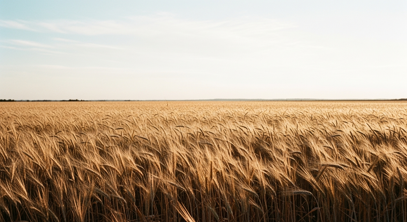 A vast golden field of unharvested grain extending to the horizon, no workers visible, light raking across it in late afternoon