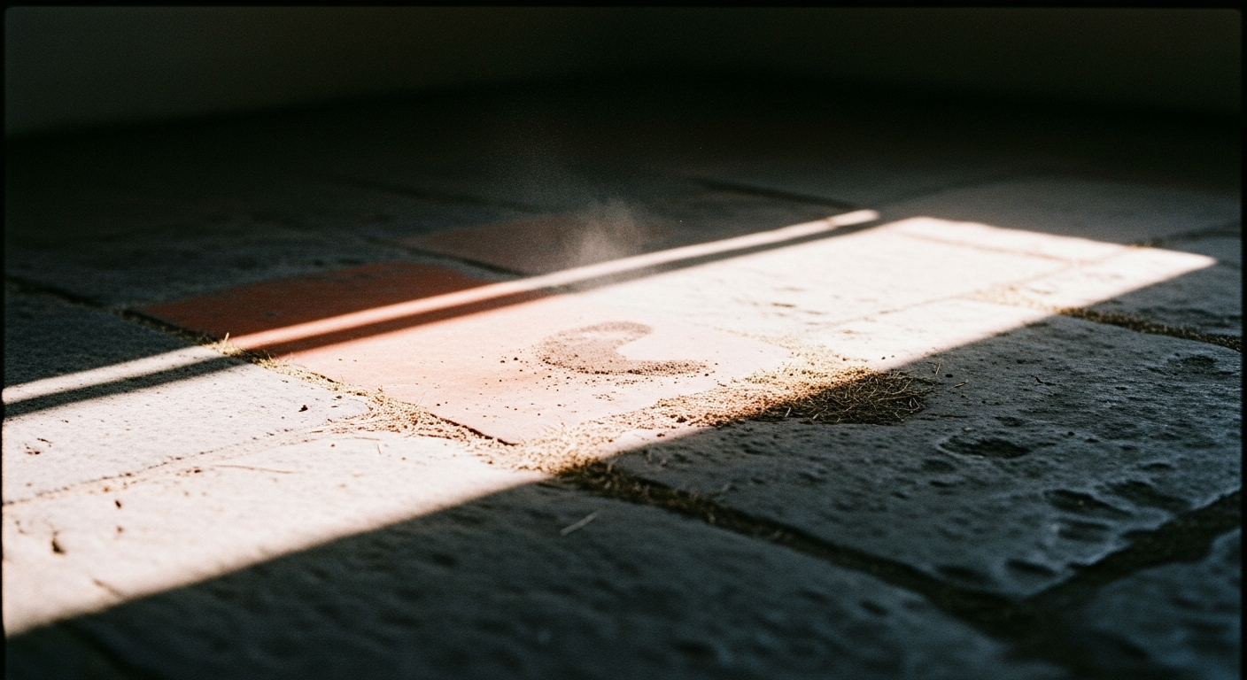 Morning light falling through an open window onto a bare stone floor where someone has knelt, the impression still faintly visible in the dust