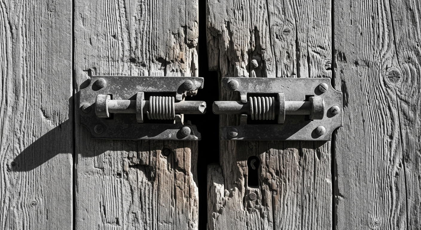 A heavy iron lock burst open on an ancient wooden door, the lock broken from within, morning light on the splintered wood