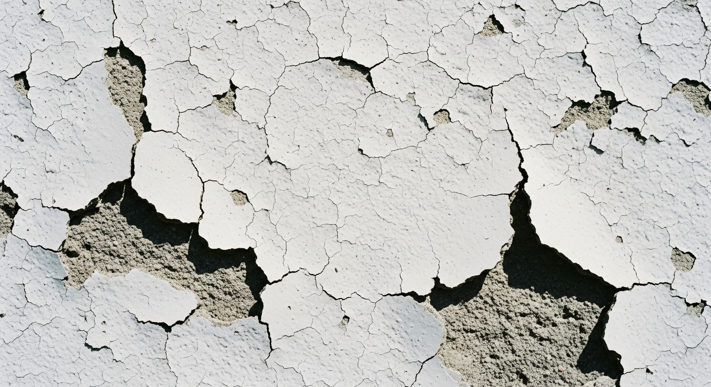 A whitewashed stone wall with the white surface cracking and peeling to reveal dark rough stone beneath, harsh noon light