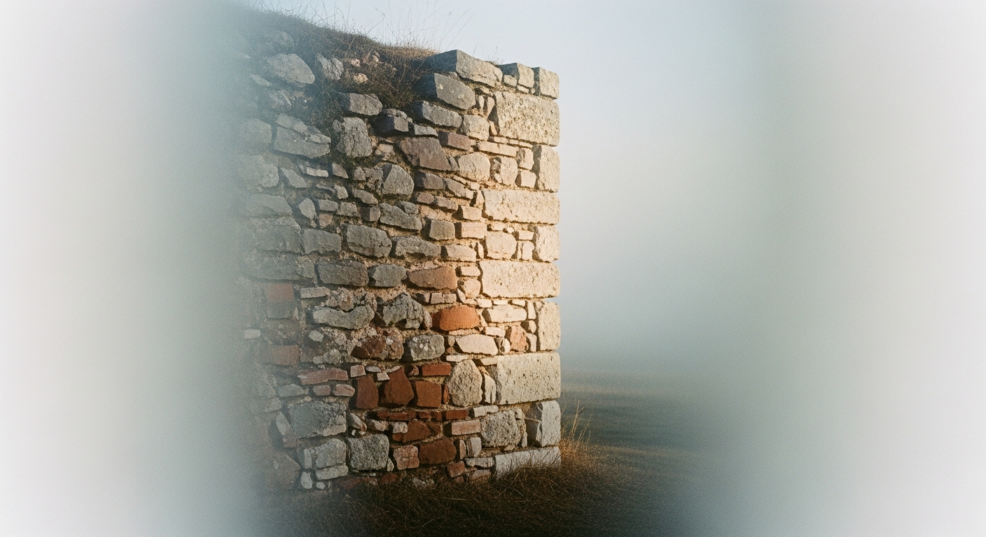 Morning fog dissolving to reveal a stone wall, the wall fully visible in one patch of clearing and hidden in mist elsewhere