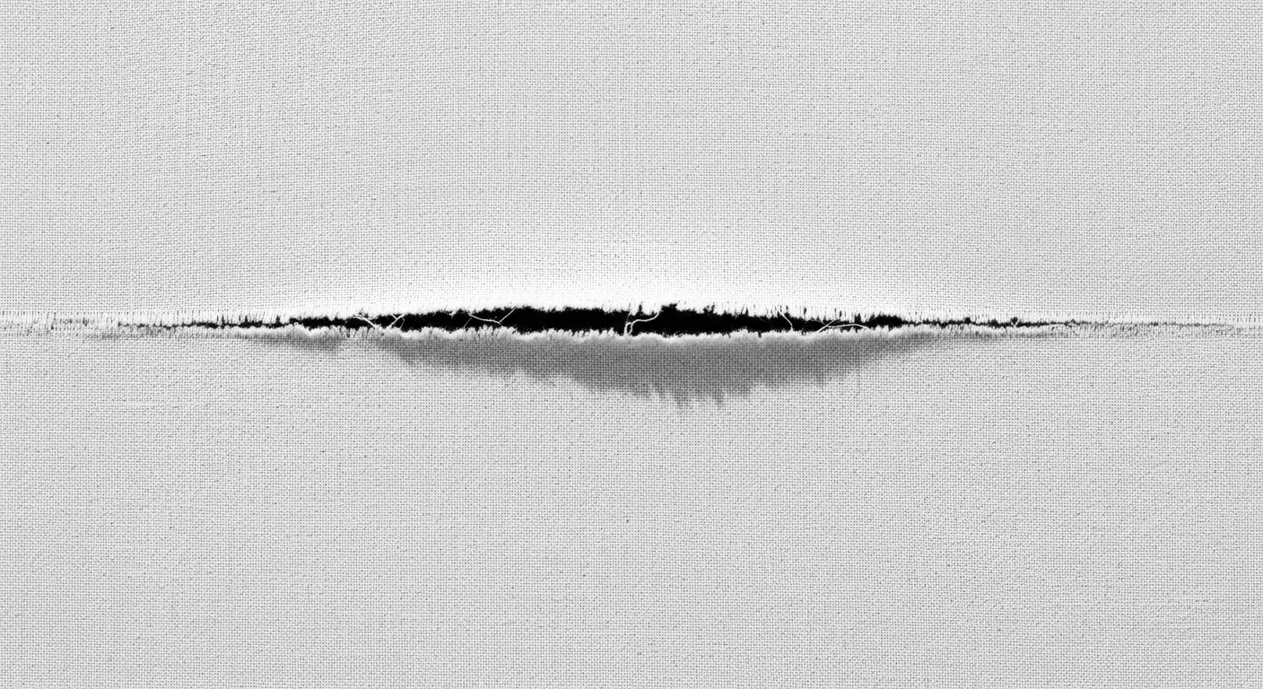 A stone surface with a single deep fissure running the full length of the frame, one side slightly higher than the other, harsh noon light