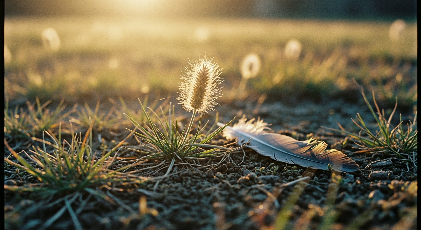 Wild grass and a single small wildflower in late afternoon golden light, a feather resting nearby on the ground