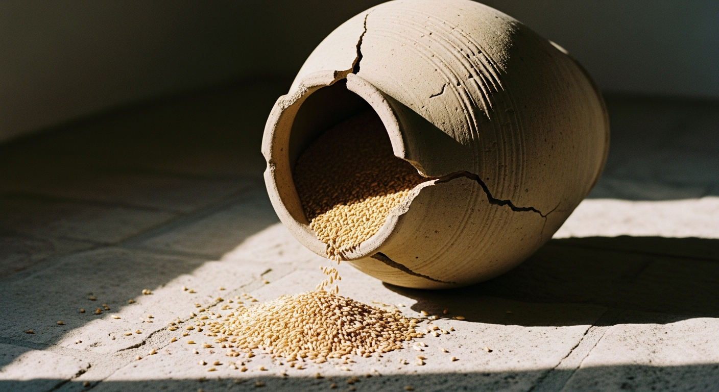 A large clay storage jar cracked open on a stone floor, grain spilling out and scattering, the crack running from top to base