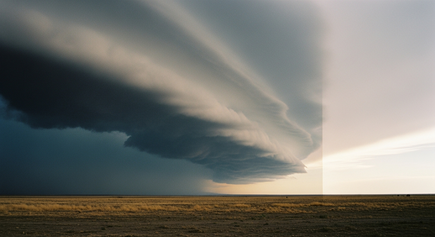 Storm clouds building on a horizon over flat land, a small patch of blue sky still visible, the light changing quality