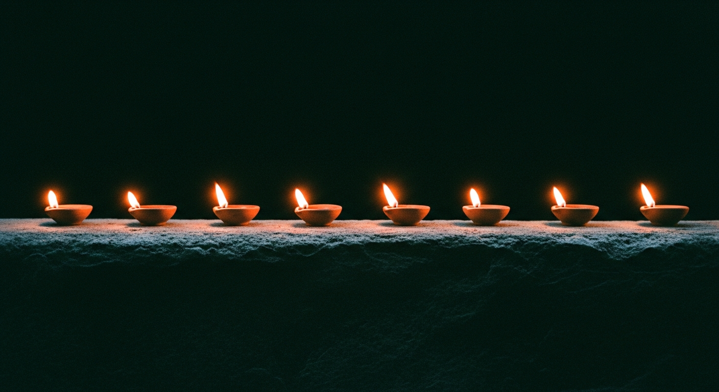 Several lit oil lamps in a dark interior arranged in a row on a stone ledge, the darkness beyond them absolute