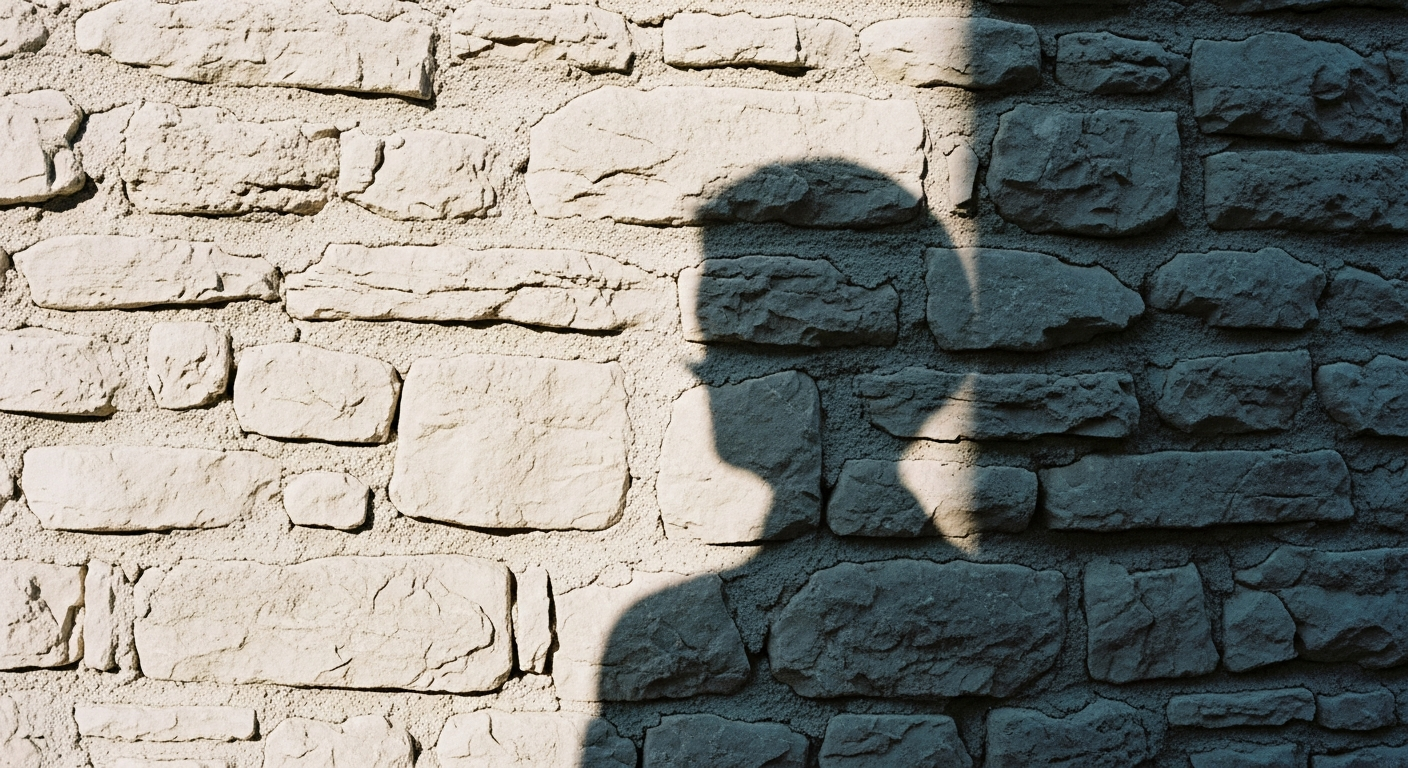 A shadow on a stone wall that was curved and compressed now becoming upright and full, transition caught in changing light
