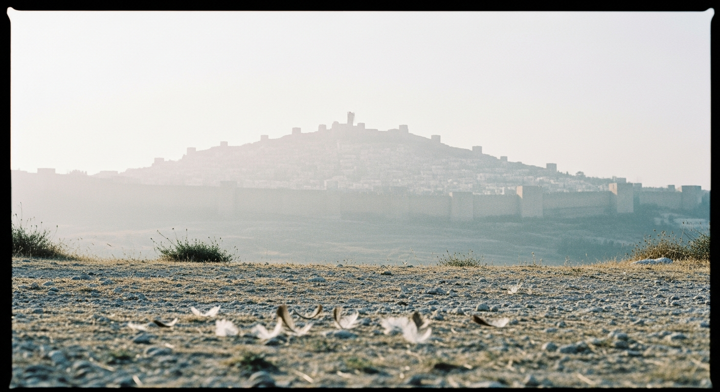 Distant city walls on a hillside seen through heat haze, the light overexposed and bleached, feathers scattered on the ground in foreground