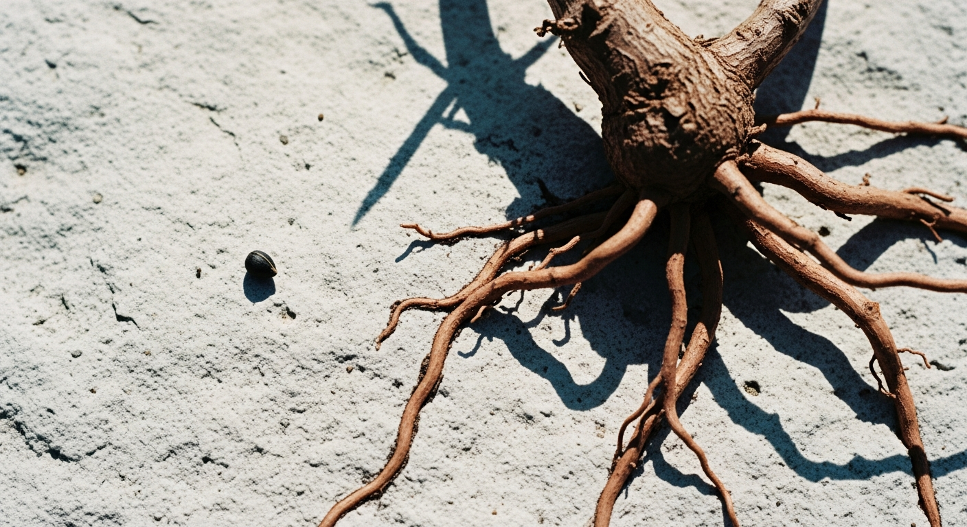 A single tiny seed on a large stone surface next to a vast tangle of roots from a small tree visible in the foreground