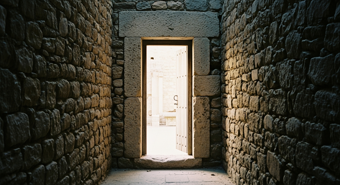 A very narrow stone doorway in a thick wall, barely wide enough for one person, warm light coming through it from the other side