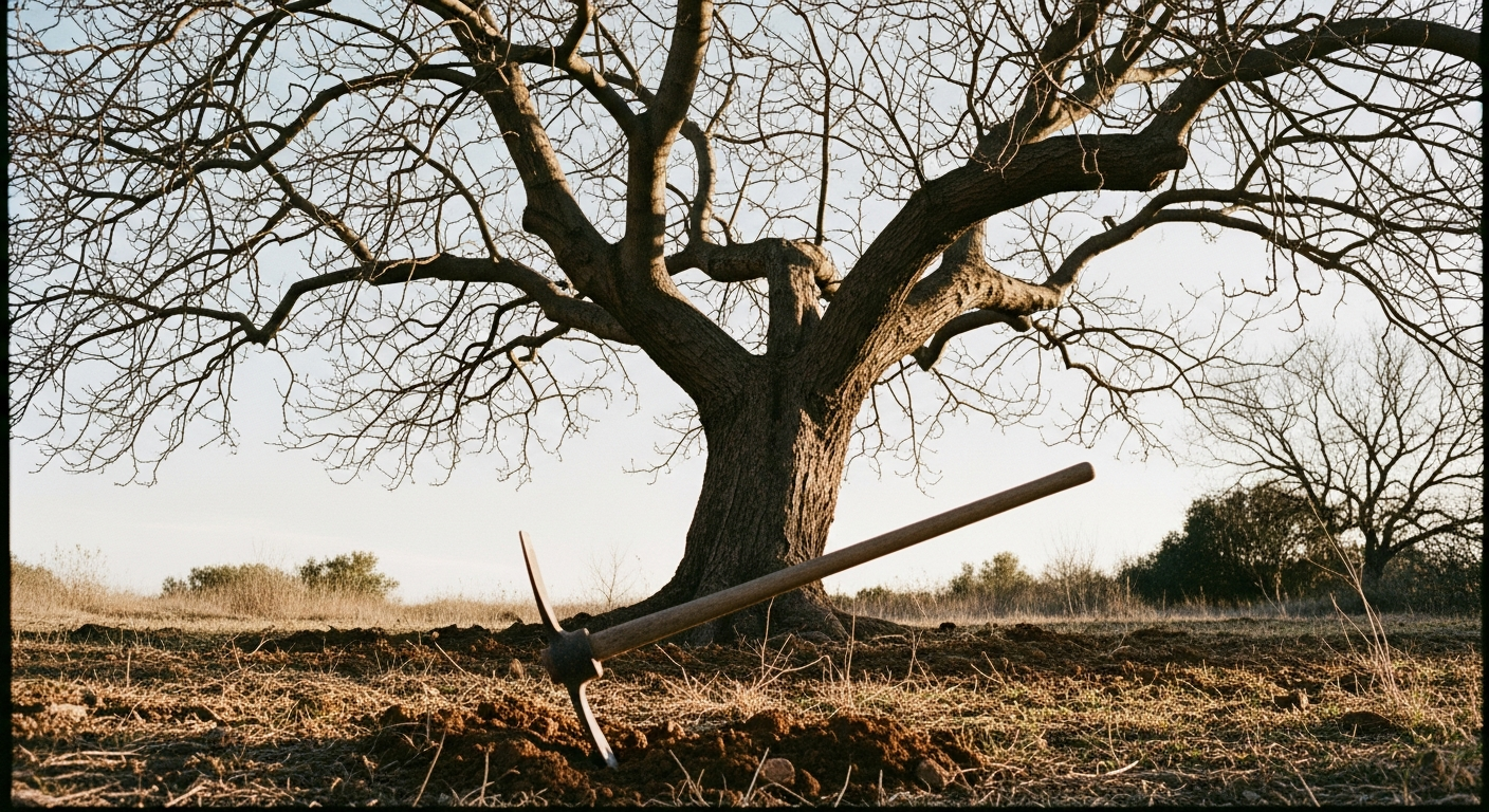 A gnarled fig tree in dry winter soil, the bare branches overarching an empty space, a gardener's digging tool at the base
