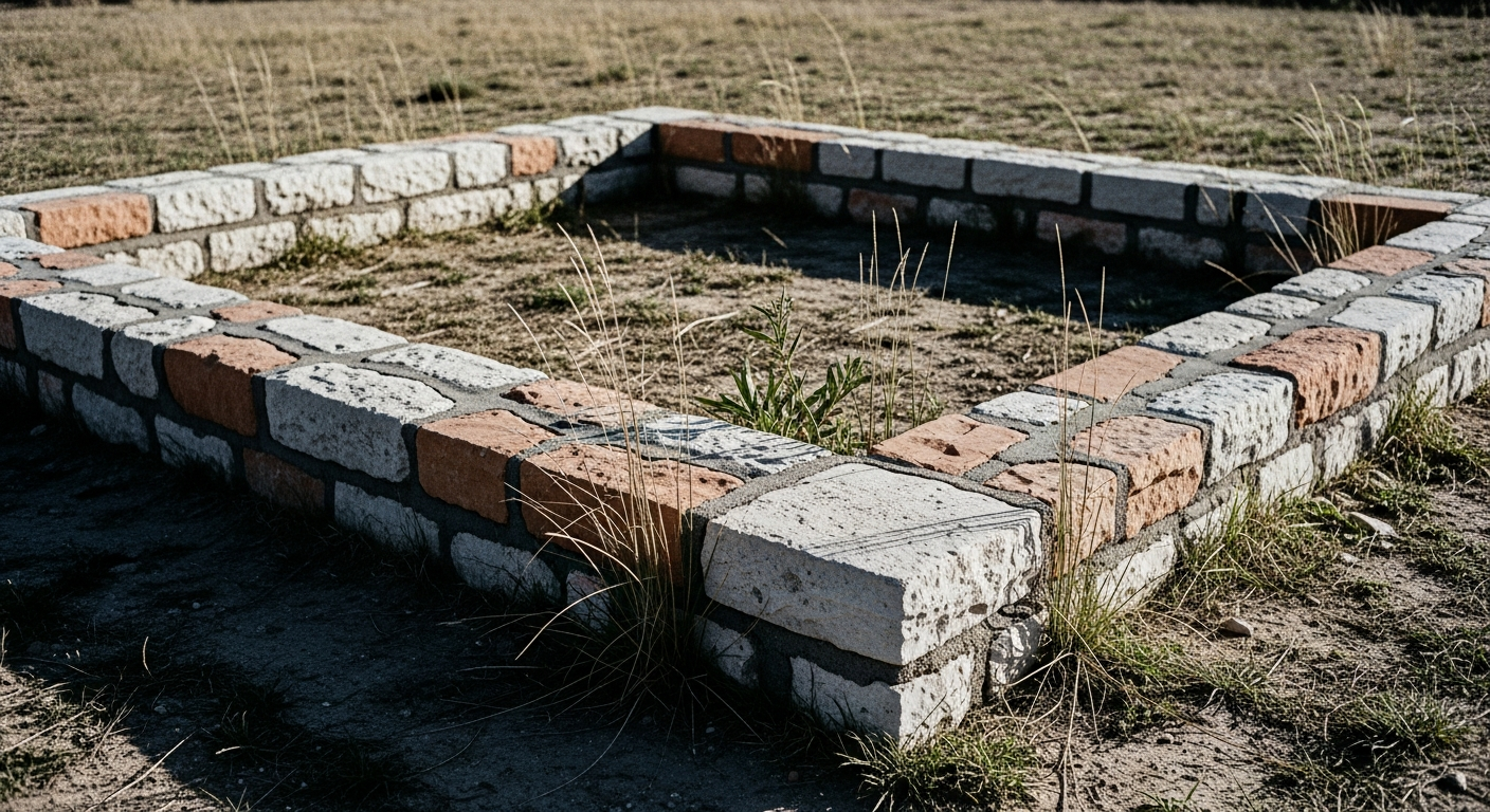 An unfinished stone foundation in open ground, the first courses laid precisely but the structure abandoned, overgrown at its edges