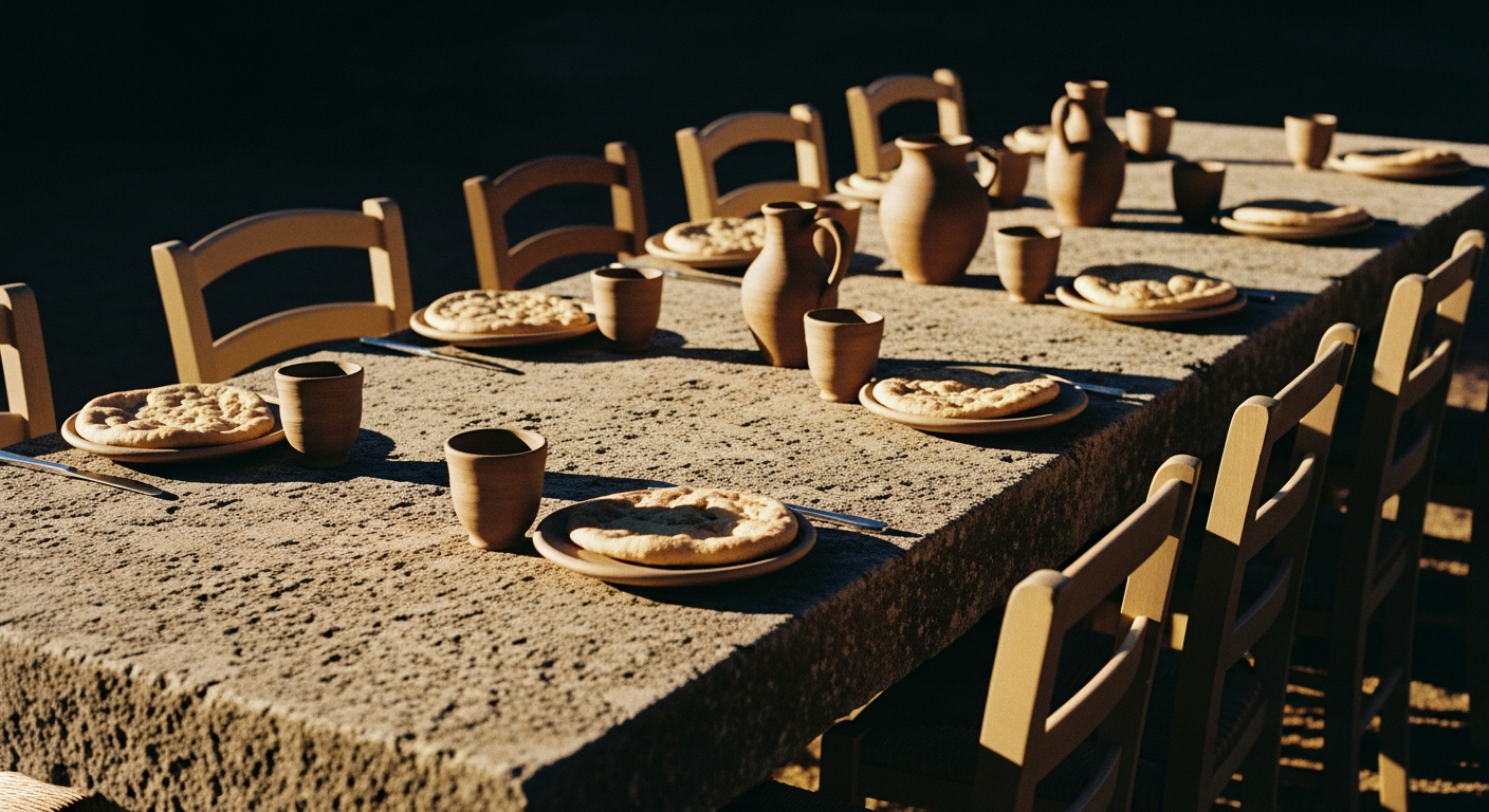 An elaborately set stone table with multiple clay cups and bread, all prepared and waiting, completely empty of guests, warm evening light