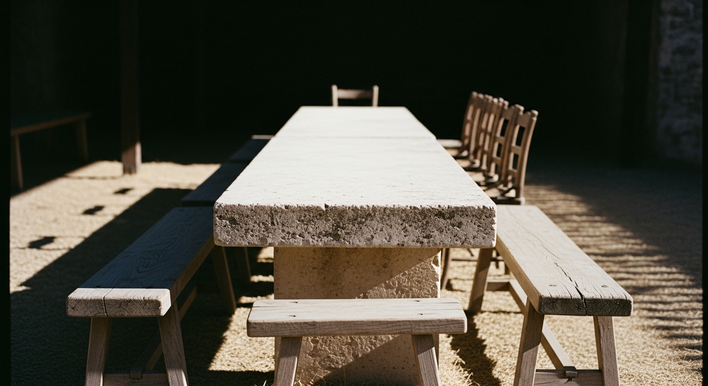 A long stone banquet table with place settings, the seats closest to viewer simple and rough, those at the far end more prominent
