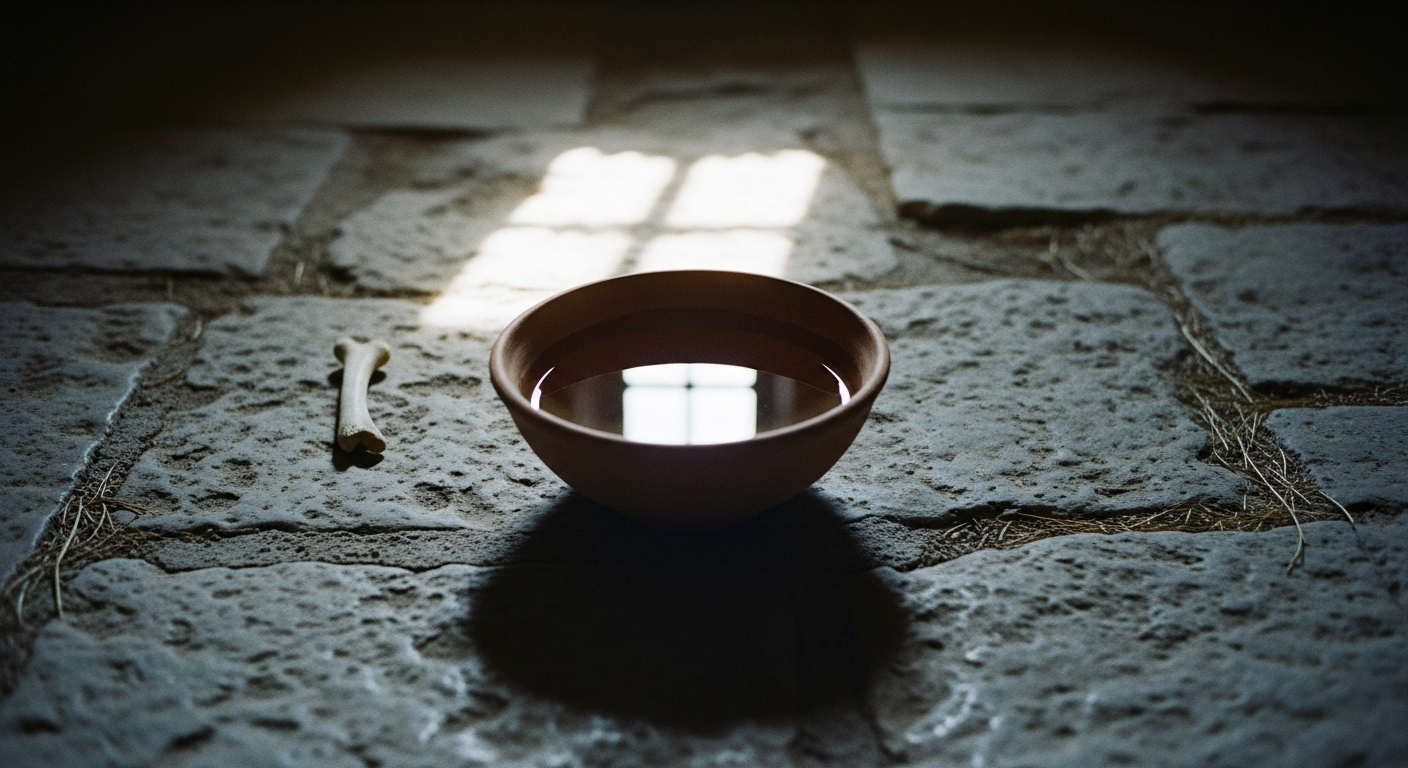 A bowl of still water on a stone floor, the water's surface perfectly still, morning light reflected in it from a high window
