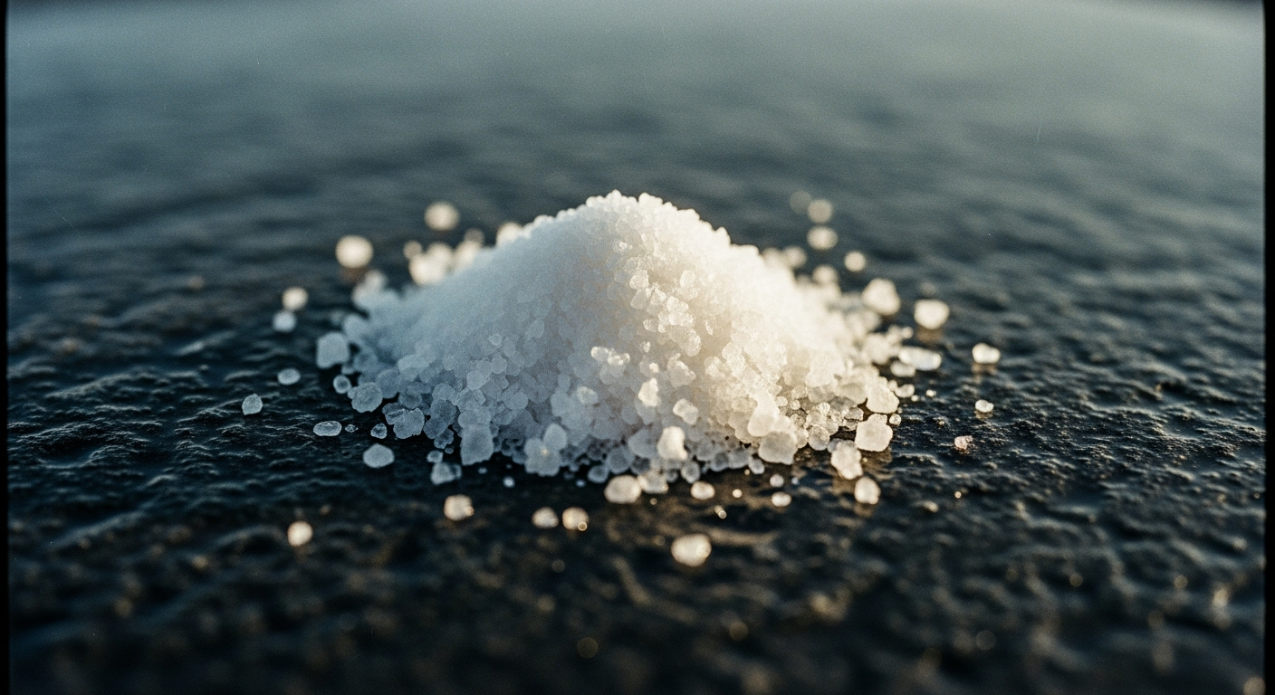 A small pile of salt on dark stone, the salt losing definition at its edges, dissolving into the wet stone