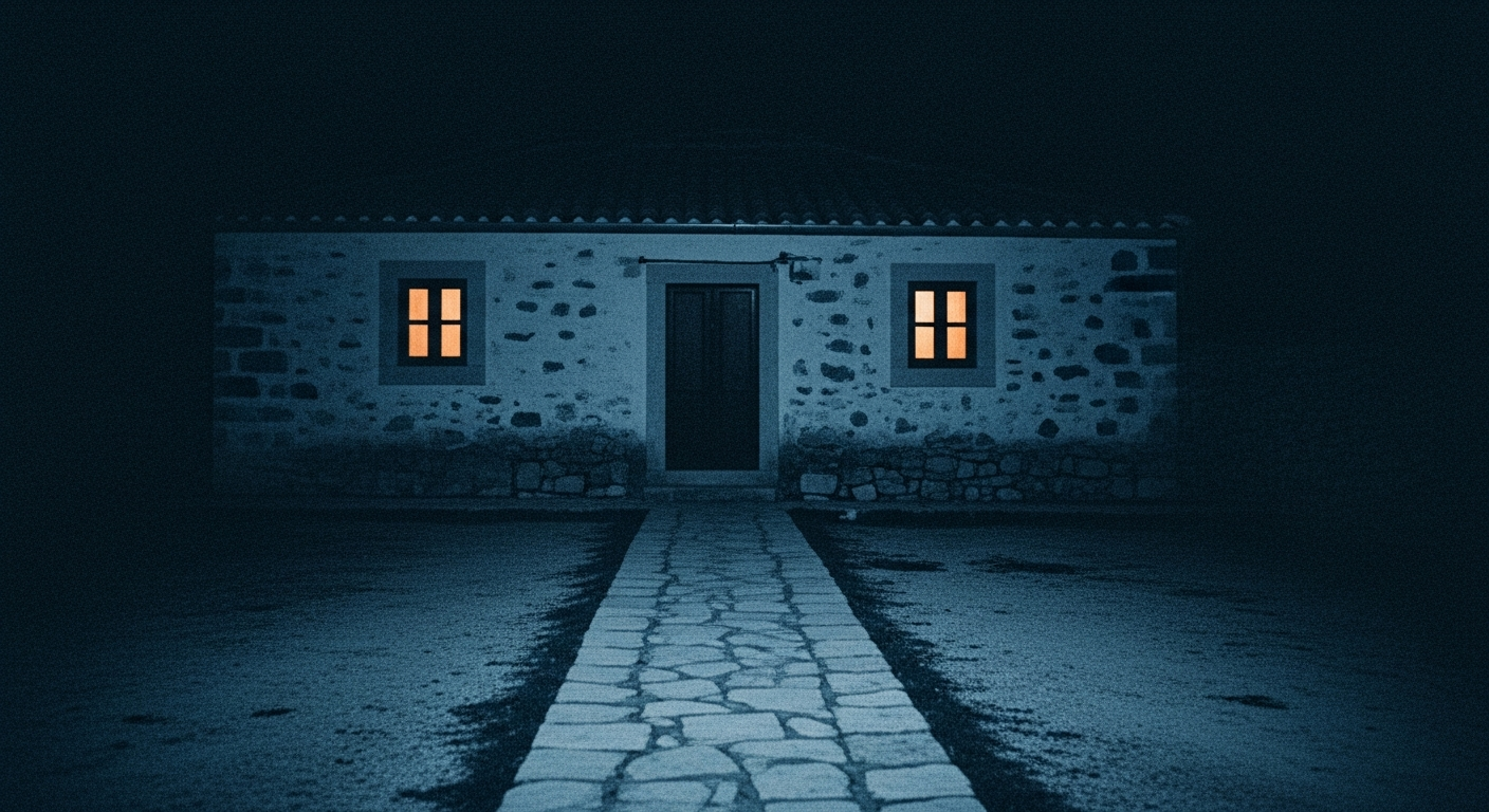 Warm amber light and the sound of celebration implied by the lit windows of a house, the foreground outside in cool darkness