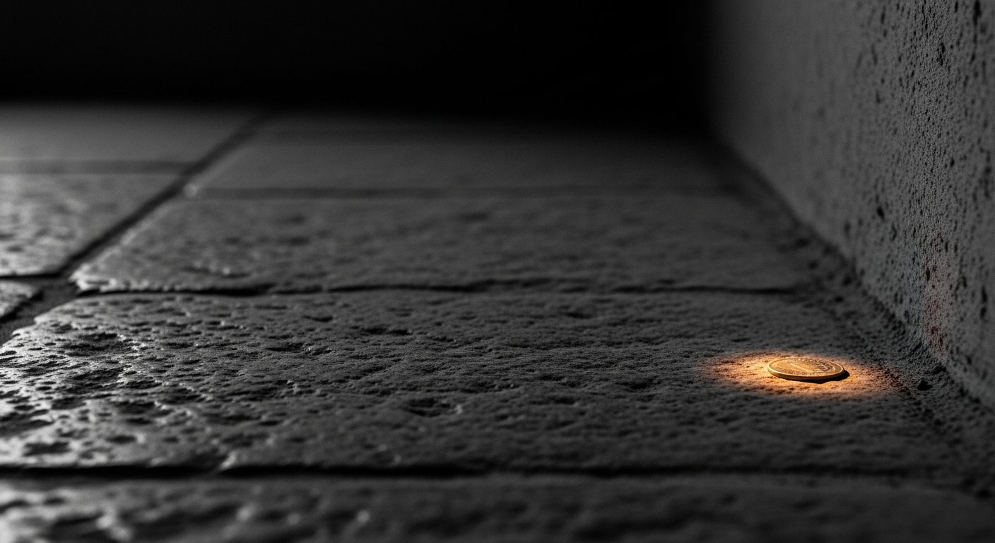 A small old coin catching lamplight in a dark corner of a stone floor, a lamp flame reflected in its face
