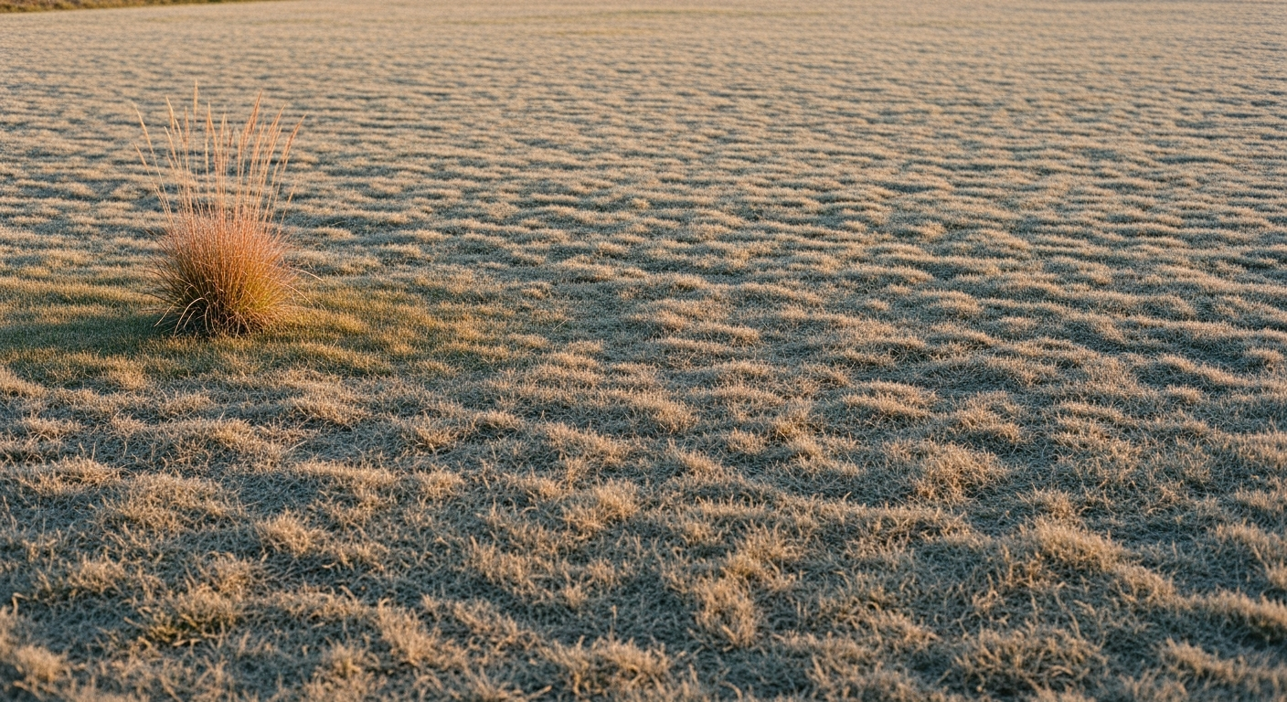 A hillside of close-cropped dry grass with one patch of untouched longer grass in the far corner, unaccountably different