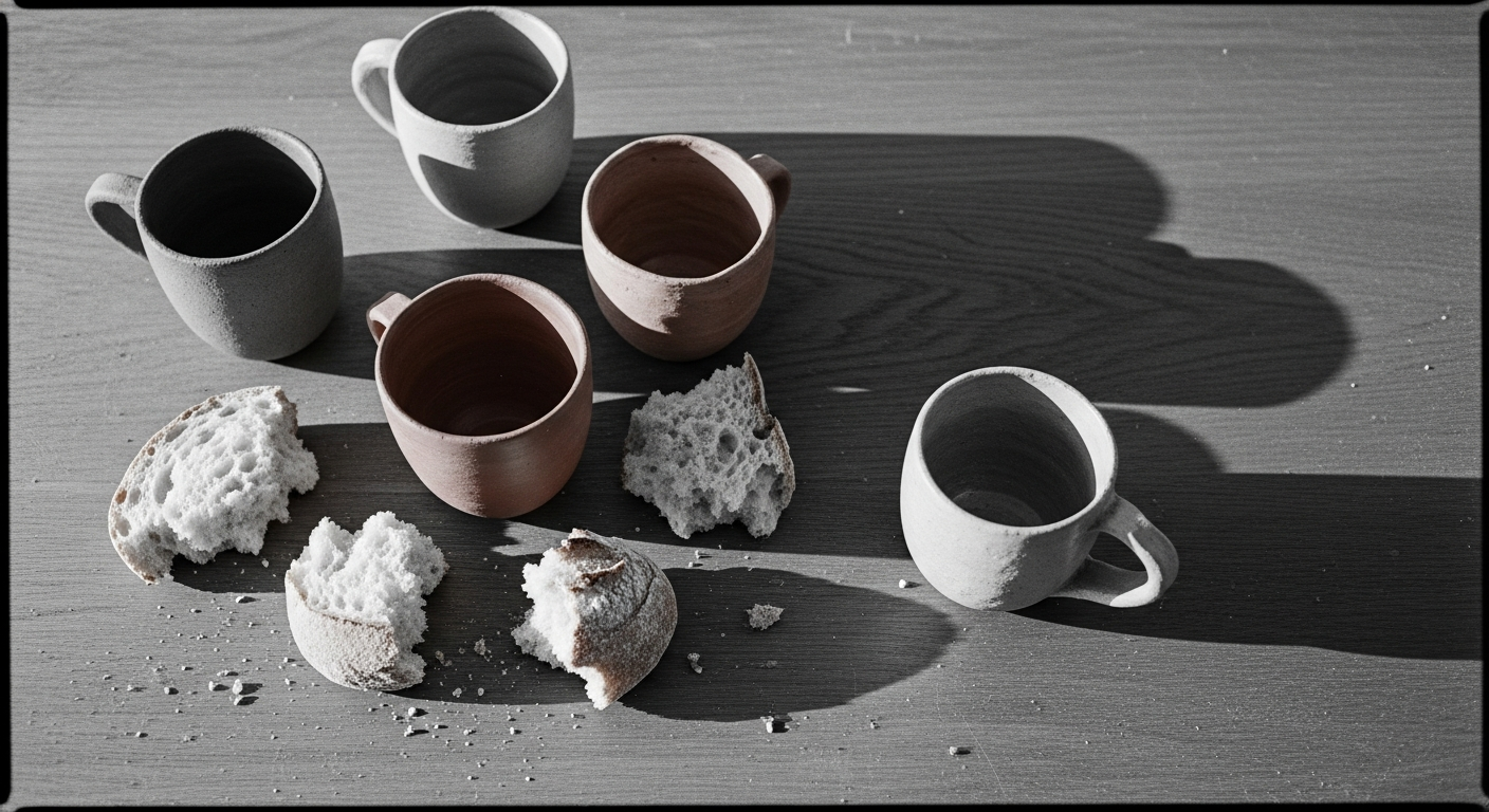 A full table set for a meal with an extra cup placed informally among the others, as if a late guest has been included