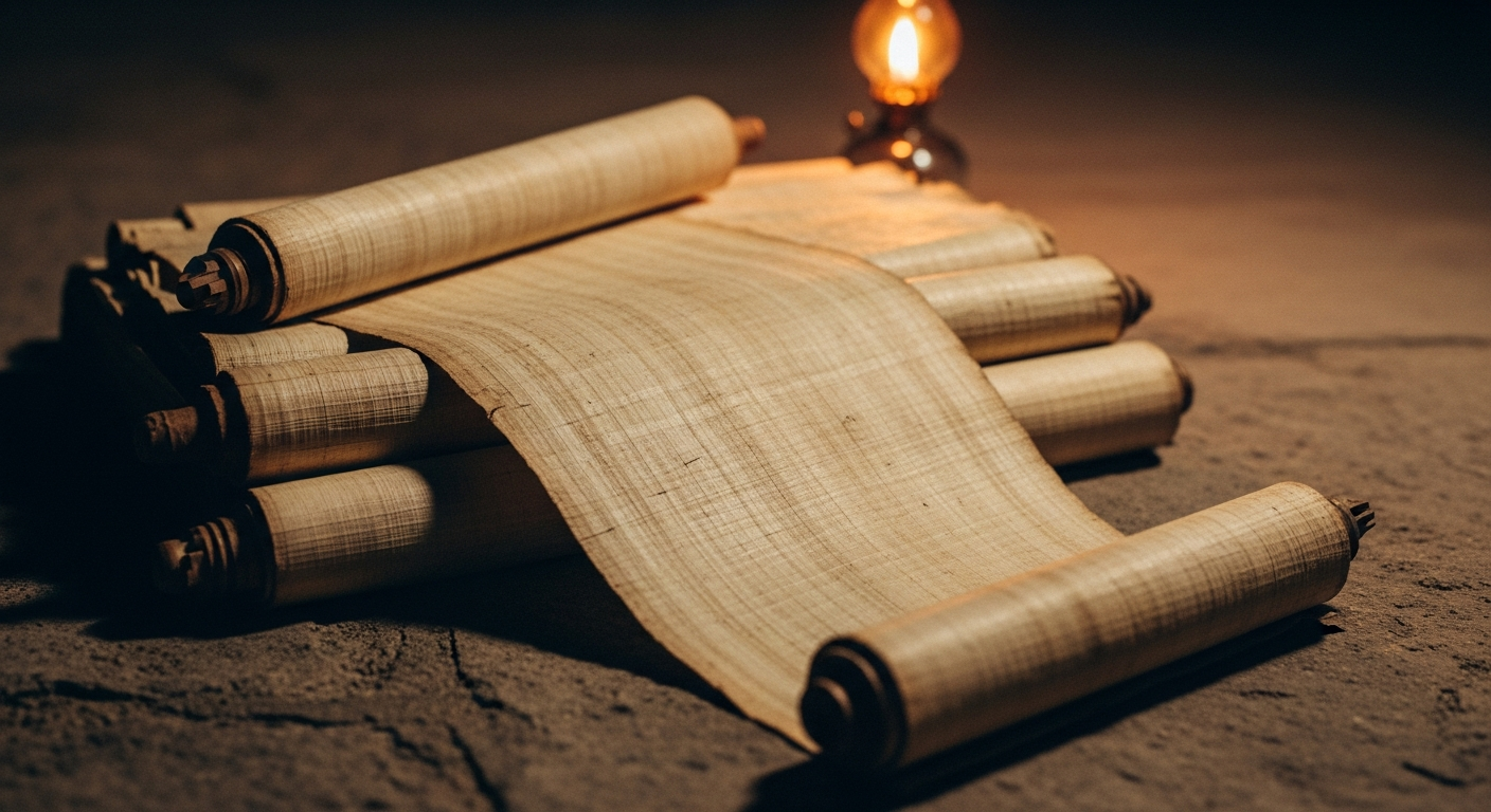 A stack of old papyrus scrolls, one partially unrolled on a stone surface, oil lamp light warming the scene
