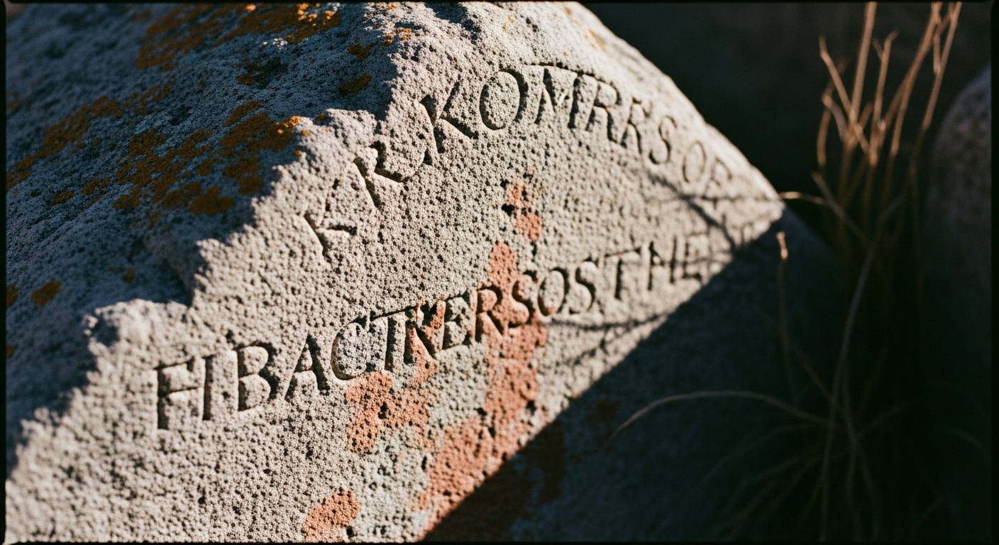 Ancient stone surface with carved marks worn nearly smooth but still perceptible under raking light, the stone cracked but unbroken