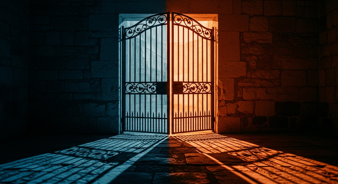 A heavy ornate gate half-open, the interior side lit with warm amber, the exterior in cold shadow, a worn stone threshold between them