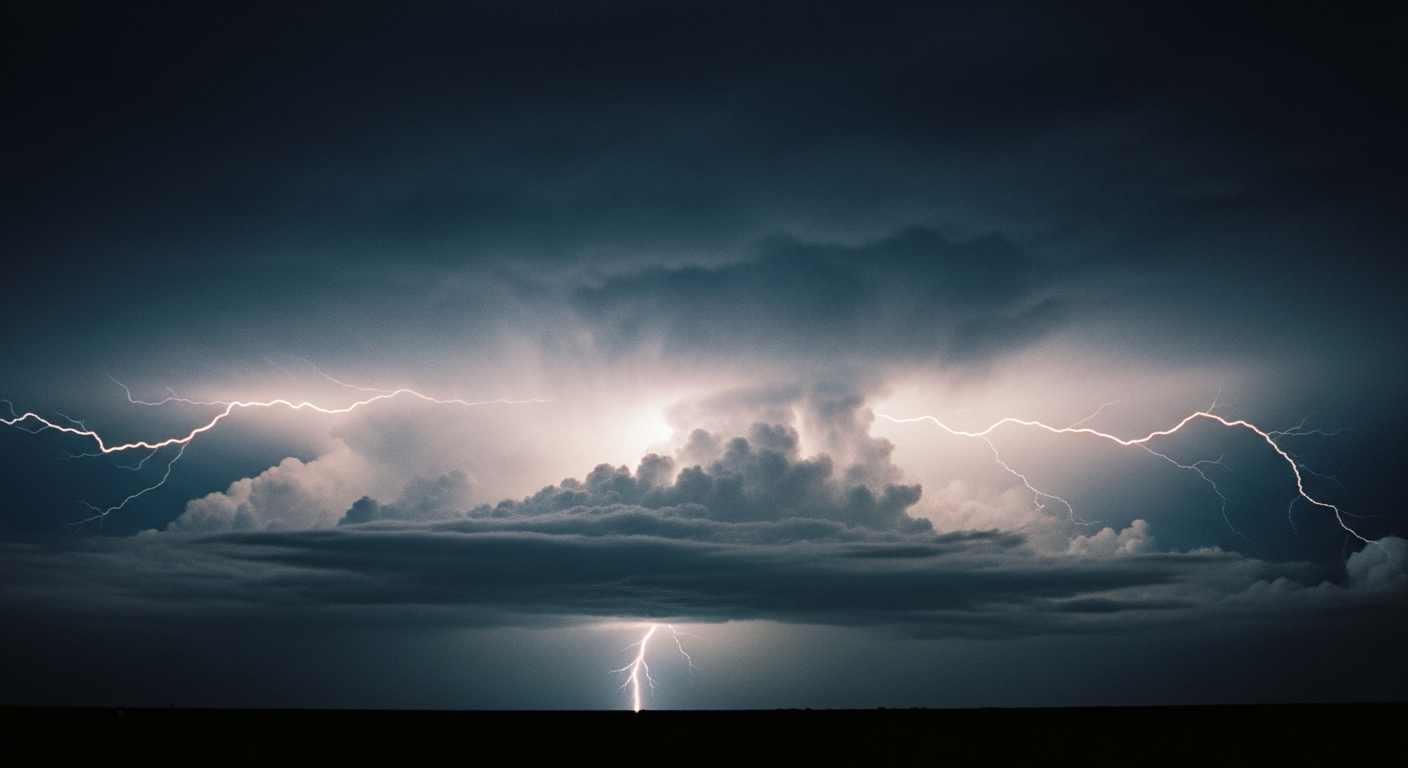 A dark storm sky at dusk with a single bolt of lightning frozen mid-flash, illuminating the entire underside of the clouds