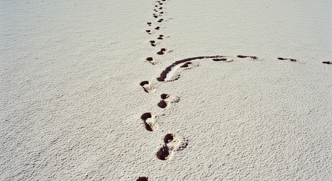 Nine sets of footprints continuing away in one direction, one single set of footprints turning sharply back toward the viewer