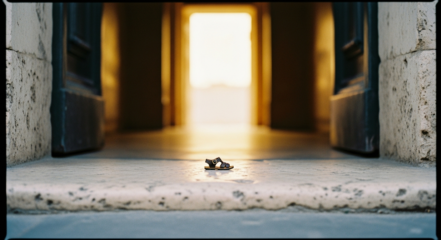 A small child's worn leather sandal placed alone on a large stone threshold, the doorway opening into warm light beyond