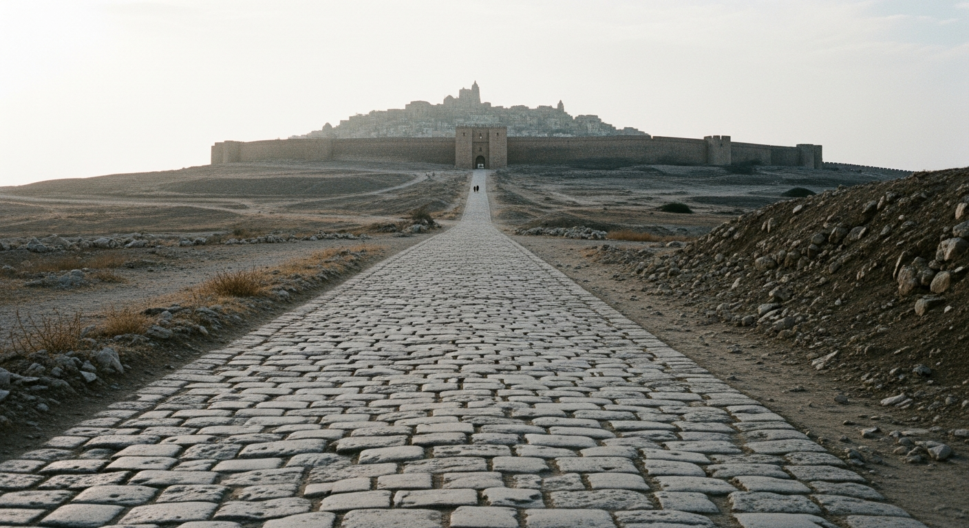 A road leading directly toward a walled city silhouetted on a hill, the road empty, the city's gate in shadow