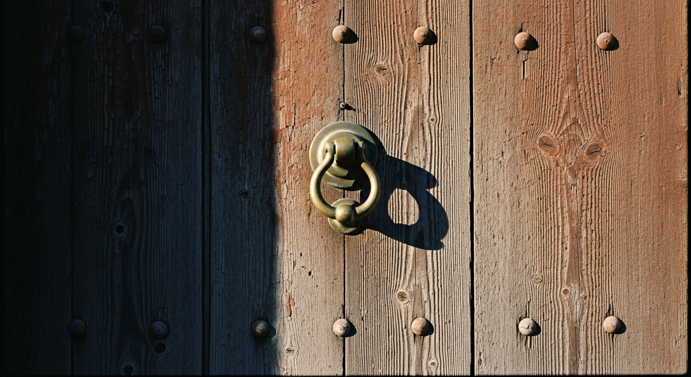 A heavy wooden door with a worn brass knocker, the door surface showing marks of repeated striking, morning light on the worn wood