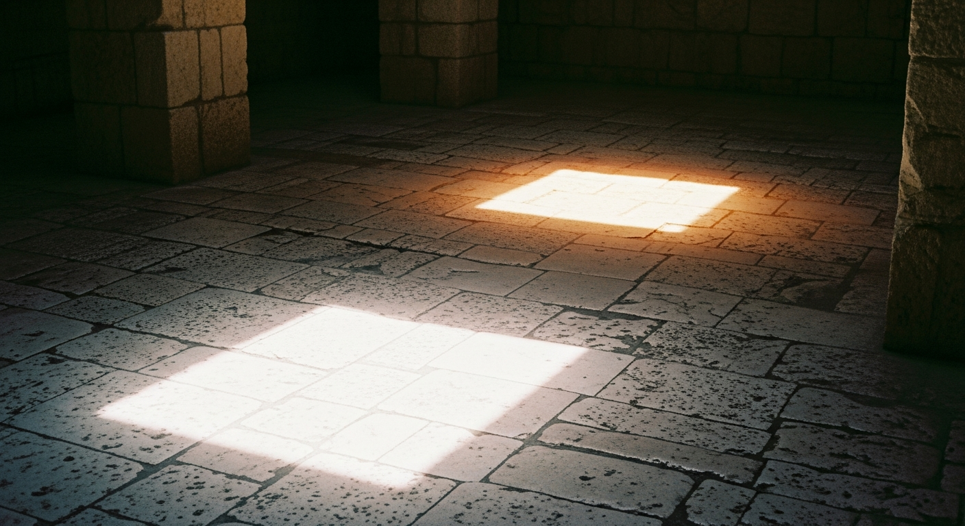 Two patches of stone floor in the same temple space — one in bright light near the front, one in deep shadow near the back