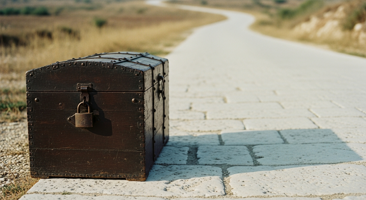 A heavy locked chest sitting at the edge of a path, a worn road continuing past it into the distance, the chest unmoved