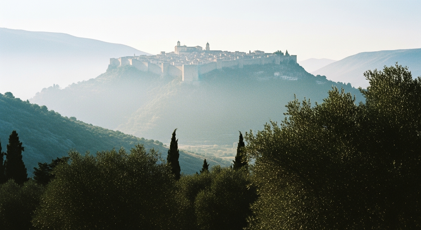 A distant view of a walled city on a hill from a hillside opposite, olive trees in the foreground, afternoon haze softening the walls