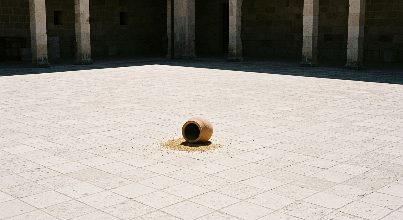 A large empty stone courtyard at midday, a single overturned clay pot and scattered grain on the pale stone, deep shadows at the edges