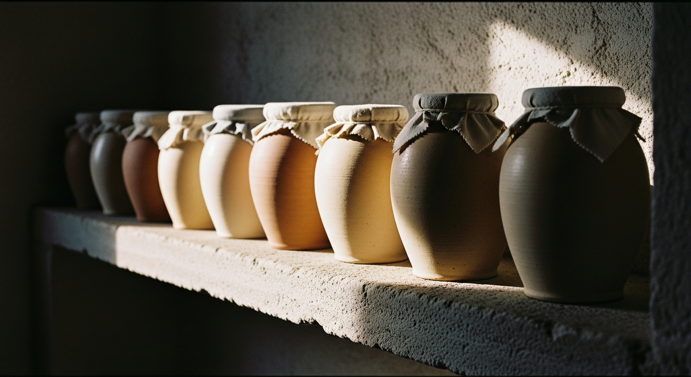 A row of simple clay jars on a stone shelf, one jar conspicuously empty and set apart, the others sealed, warm side light