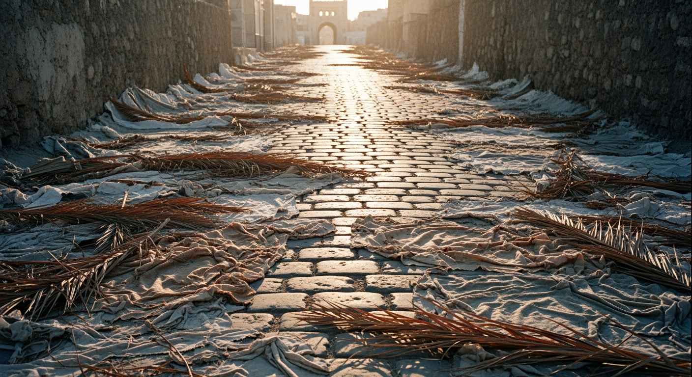 A road covered in strewn palm branches and cloaks, the path leading uphill toward a distant gate, warm light across the scattered layers