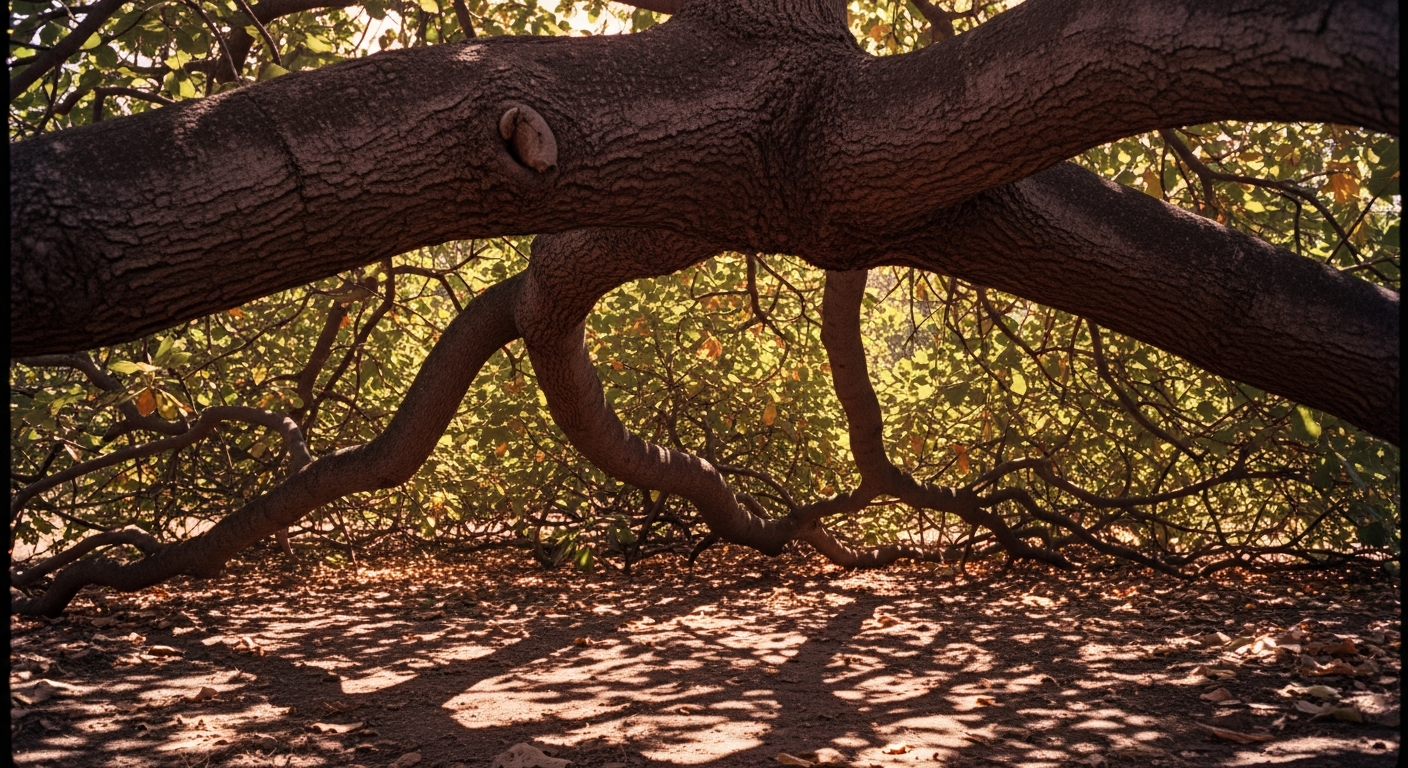 The forked branch of a large sycamore fig tree, the leaves casting dappled shadow below, the branch itself worn smooth where it bends