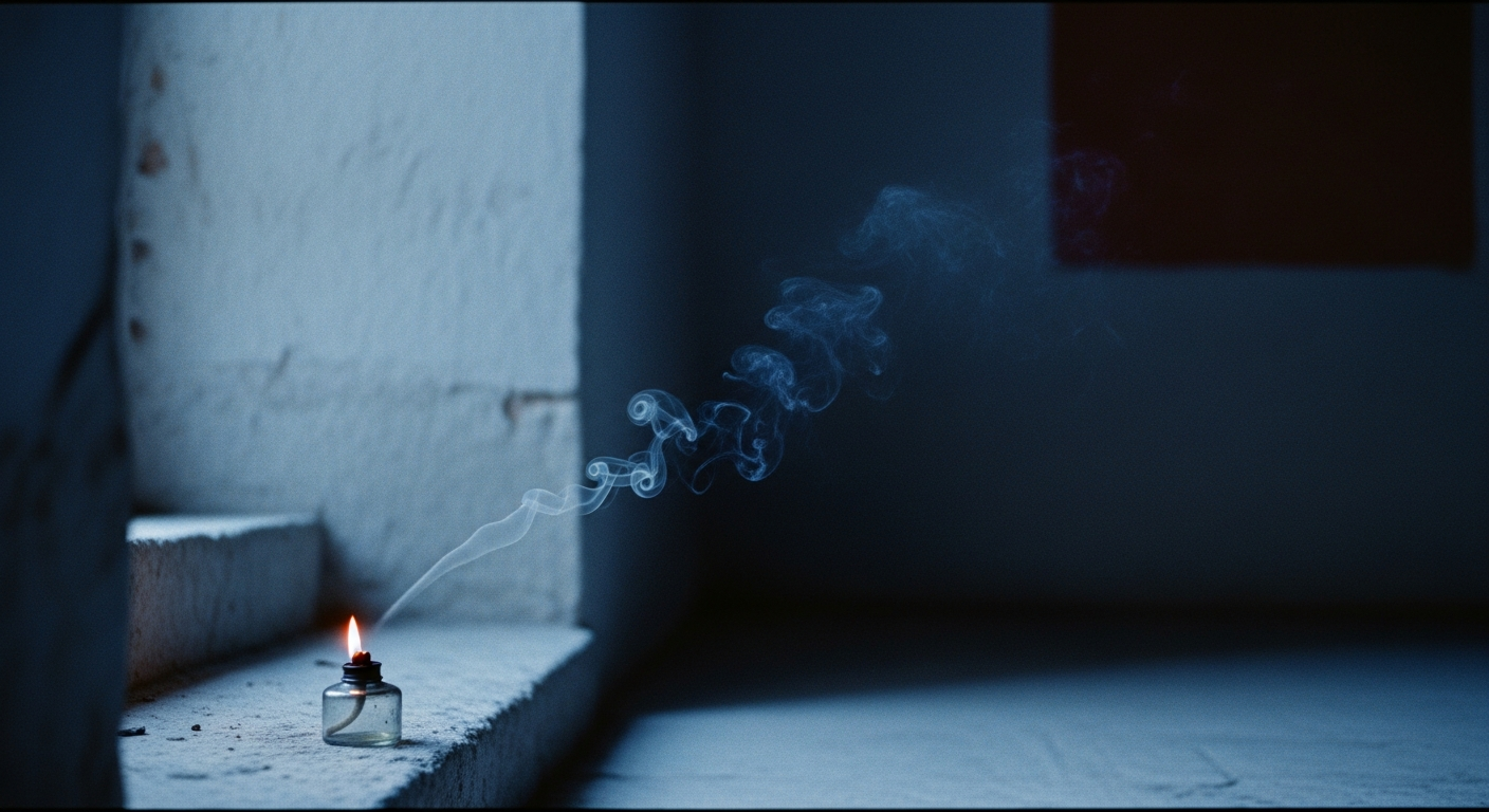 A small oil lamp just extinguished with a curl of smoke dissolving into pre-dawn blue light in a stone corner